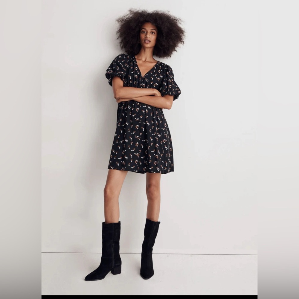 316 Madewell Black Floral Puff Sleeve Mini Dress – Size Medium